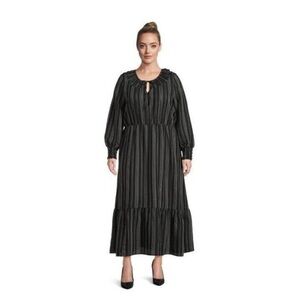 TERRA & SKY Women's 1X Peasant Tiered Long Sleeve Maxi Dress  Stripe Black